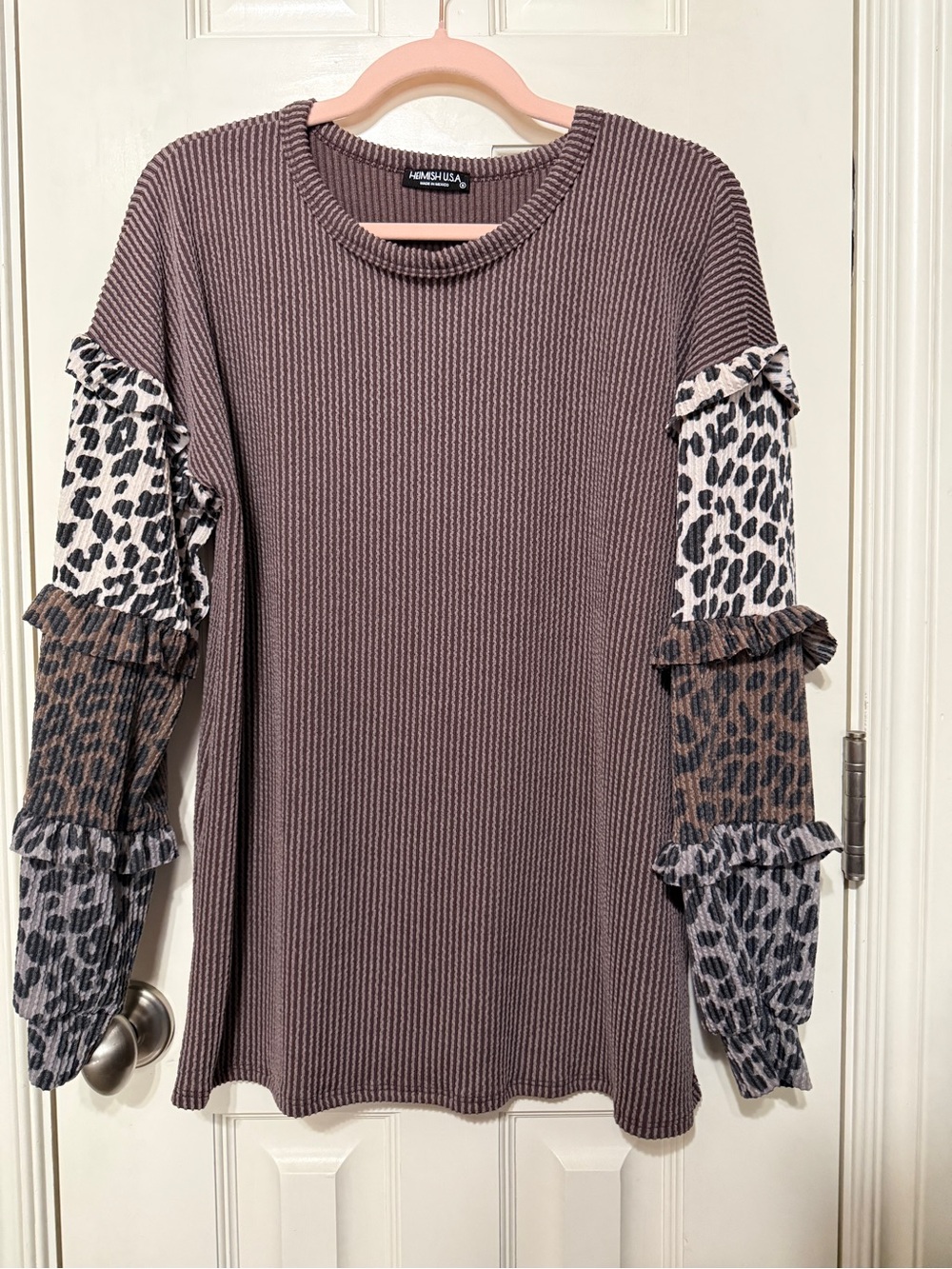 HEIMISH USA Mocha Ribbed Top with Leopard Ruffle Sleeve Panels